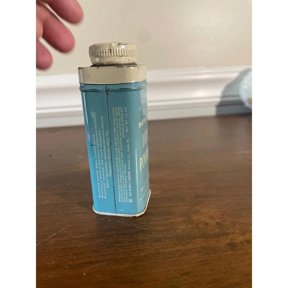 Vintage Mennen Baby Powder Tin Collectible Metal Shaker Blue White 1.5 oz 4 Inch